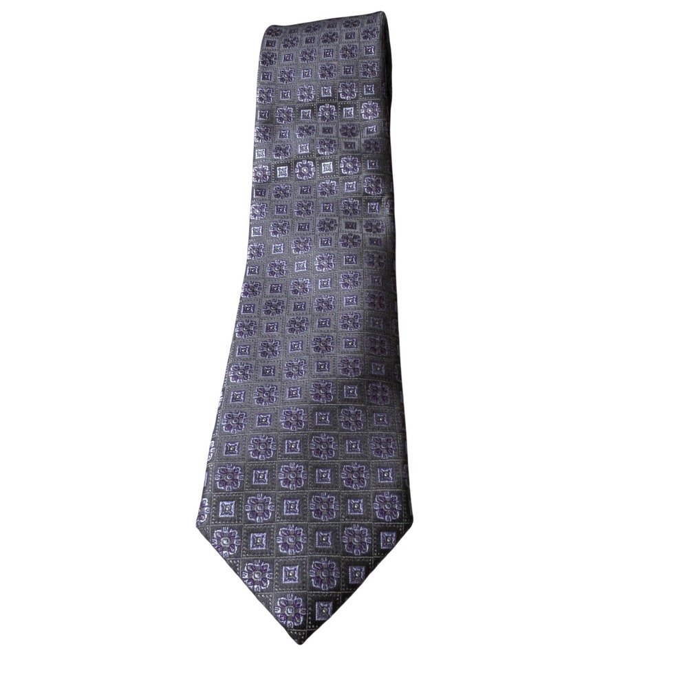 Canali Silk Tie OS Purple Grey Geometric Floral Medallion Made in Italy